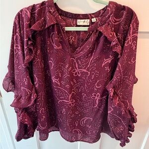 Wonderly Boho Ruffle Sleeve Blouse Burgundy Pink Floral Top Medium
